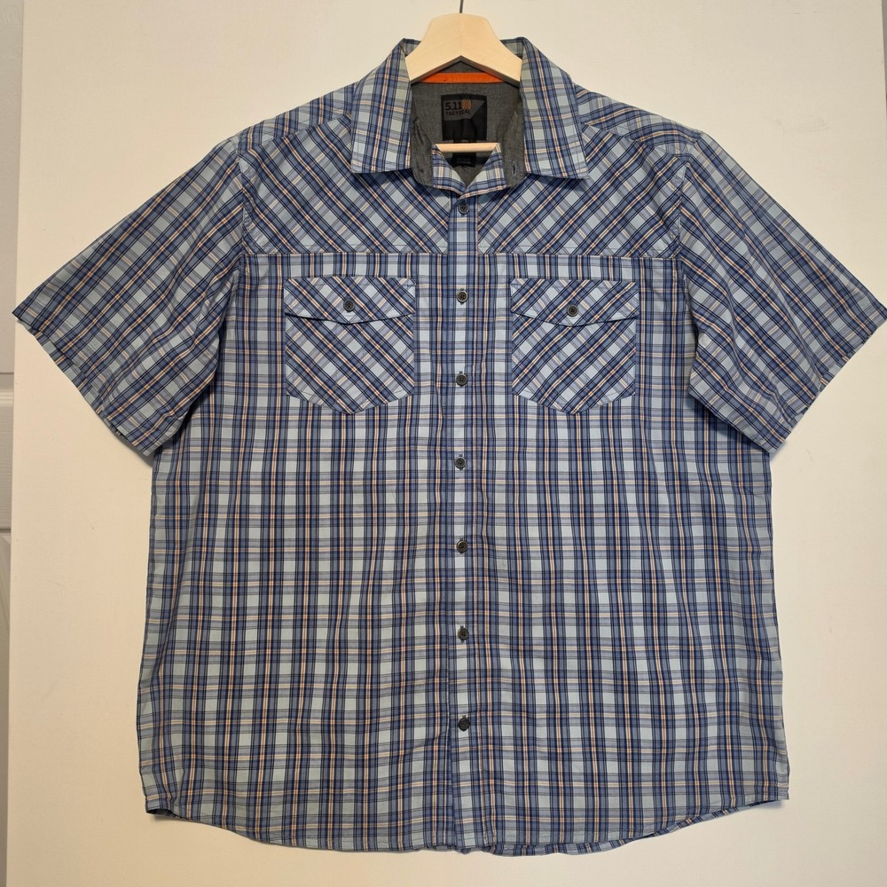 5.11 Tactical Plaid Short Sleeve Button Down Shirt Blue Orange Size Large